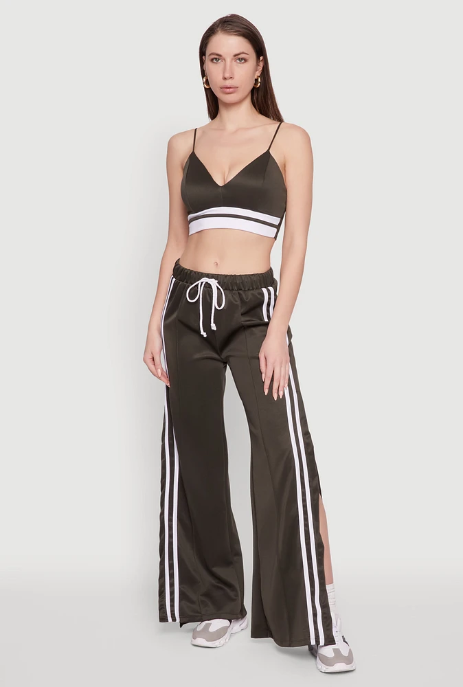Womens Stylish High Waisted Varsity Stripe Active Pants, Green, Size L