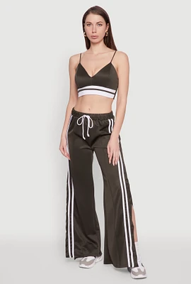 Womens Stylish High Waisted Varsity Stripe Active Pants, Green, Size L