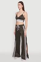 Womens Stylish High Waisted Varsity Stripe Active Pants, Green, Size L