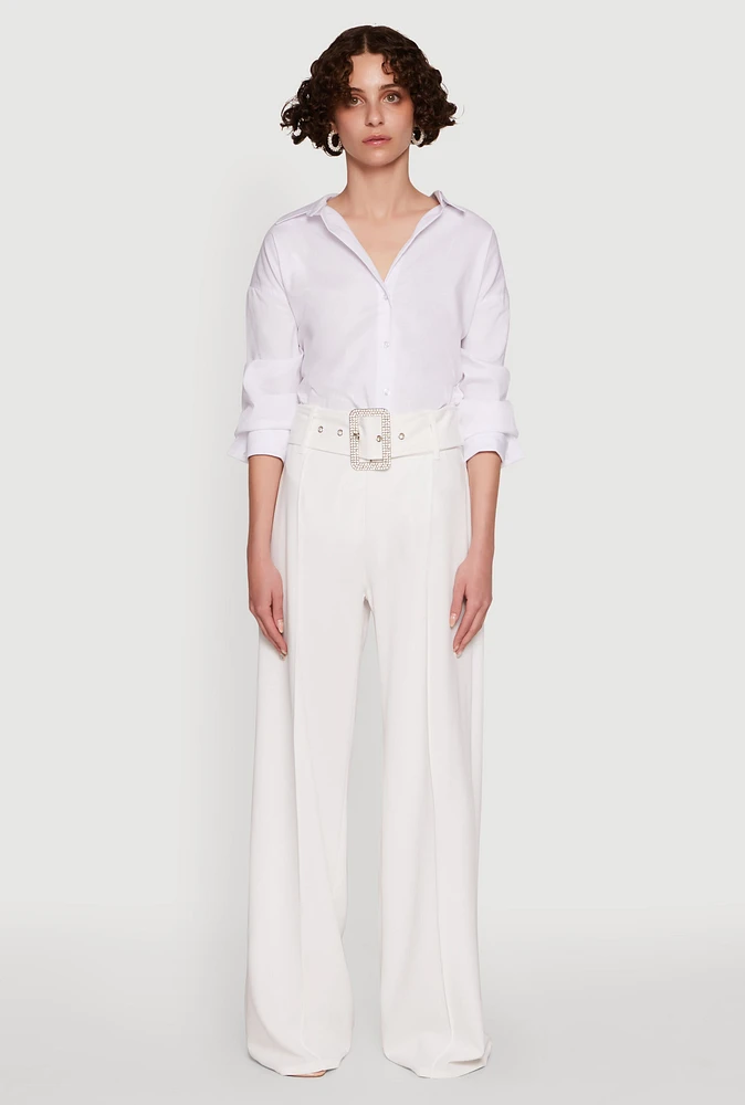 Womens Trendy High Waisted Rhinestone Belted Palazzo Pants, White, Size S
