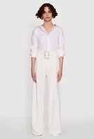 Womens Trendy High Waisted Rhinestone Belted Palazzo Pants, White, Size S