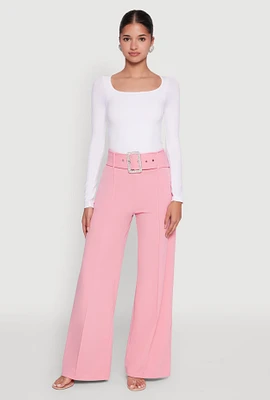 Womens Trendy High Waisted Rhinestone Belted Palazzo Pants, Pink, Size L