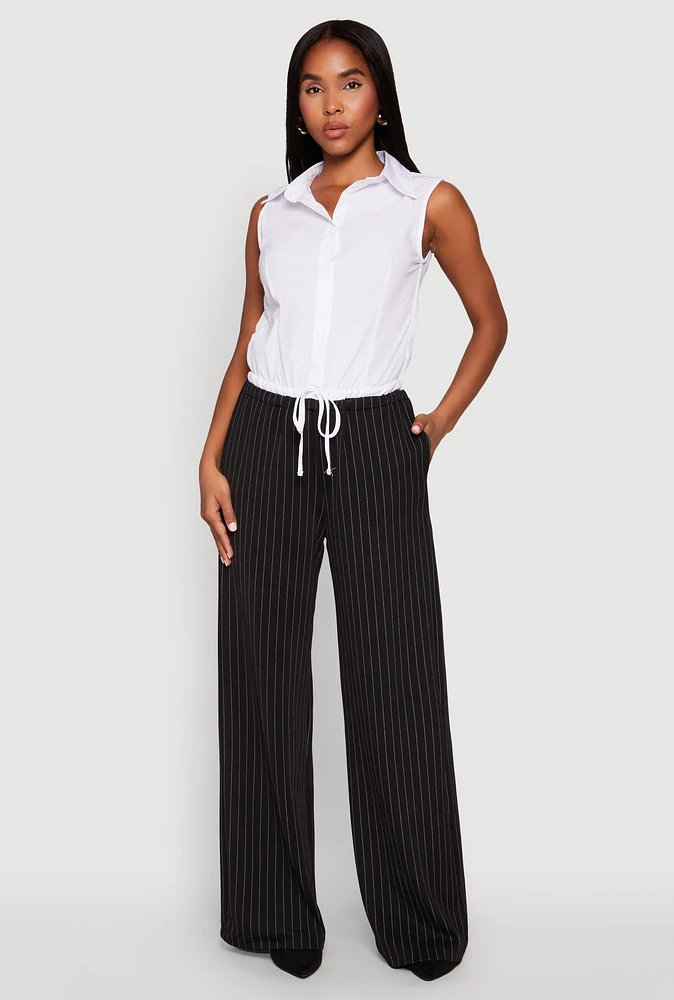 Womens Contrast Waistband Pinstripe Trousers, Black, Size XL