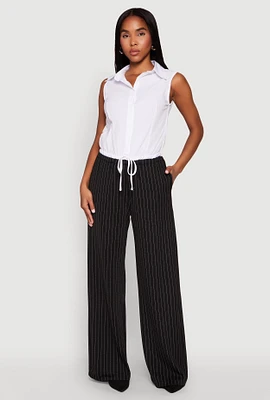 Womens Contrast Waistband Pinstripe Trousers, Black, Size XL
