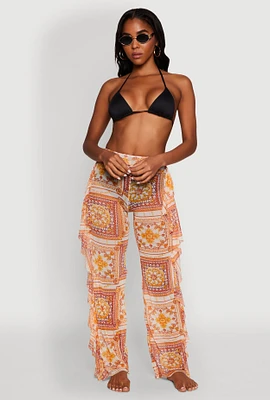 Womens Printed Pattern Ruffle Trim Cover Up Pants, Multi,