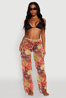 Womens Printed Pattern Ruffle Trim Cover Up Pants, Multi, Size S