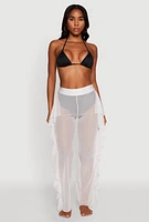 Womens High Waisted Ruffle Trim Cover Up Pants, White,