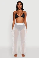 Womens High Waisted Ruffle Trim Cover Up Pants, White,