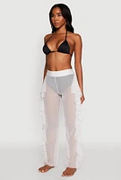 Womens High Waisted Ruffle Trim Cover Up Pants, White,