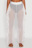 Womens High Waisted Ruffle Trim Cover Up Pants, White,