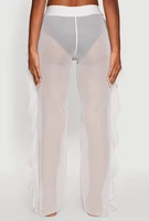 Womens High Waisted Ruffle Trim Cover Up Pants, White,