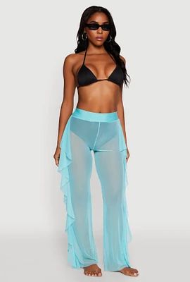Womens Ruffle Trim High Waisted Cover Up Pants, Blue, Size XL