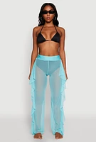 Womens Ruffle Trim High Waisted Cover Up Pants, Blue, Size XL