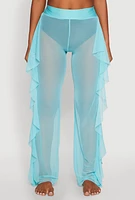 Womens Ruffle Trim High Waisted Cover Up Pants, Blue, Size XL