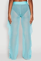 Womens Ruffle Trim High Waisted Cover Up Pants, Blue, Size XL