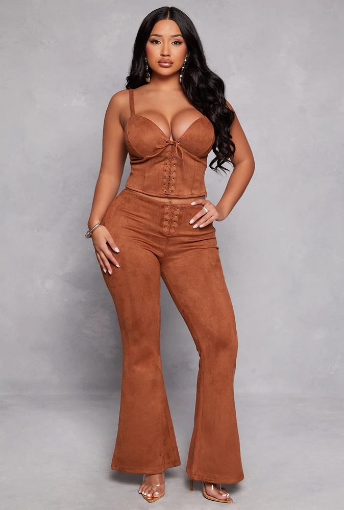 Womens Faux Suede Lace Up Flare Pants, Brown, Size S