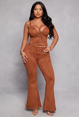 Womens Faux Suede Lace Up Flare Pants, Brown, Size S