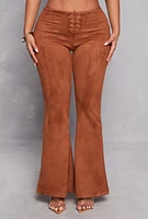 Womens Faux Suede Lace Up Flare Pants, Brown, Size L