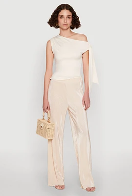 Womens Iris Plisse Lettuce Edge Wide Leg Pants, Khaki, Size L