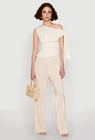 Womens Iris Plisse Lettuce Edge Wide Leg Pants, Khaki, Size L