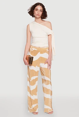 Womens Iris Plisse Abstract Print Lettuce Edge Pants, Beige, Size S