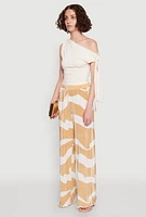 Womens Iris Plisse Abstract Print Lettuce Edge Pants, Beige, Size S