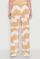 Womens Iris Plisse Abstract Print Lettuce Edge Pants, Beige, Size S