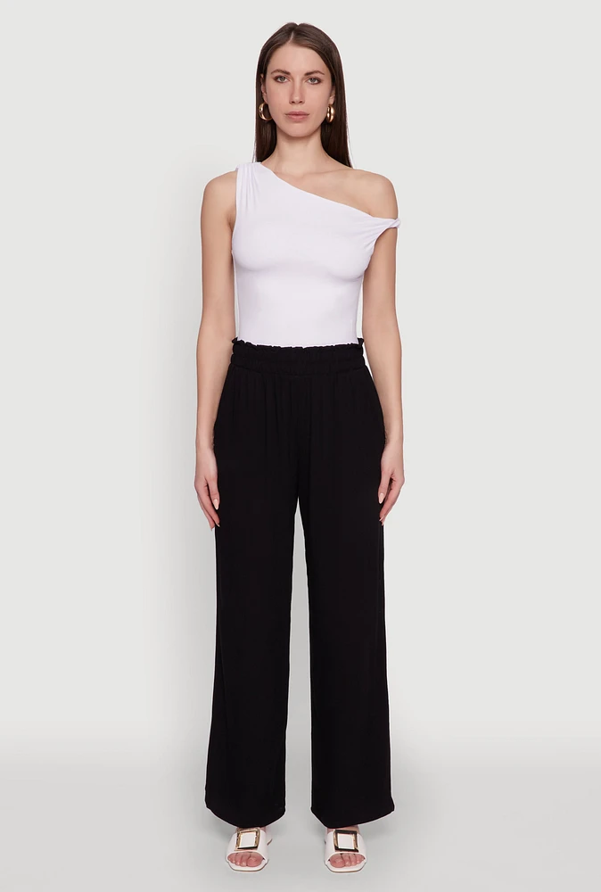 Womens Trendy Smocked Paper Bag Waist Palazzo Pants, Black, Size L