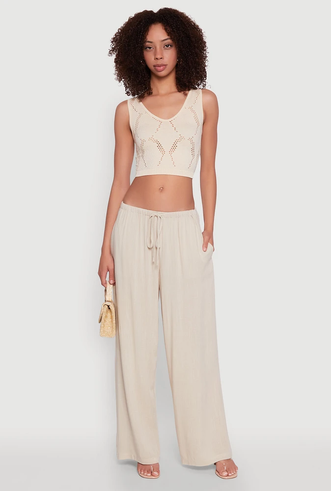 Womens Drawstring Palazzo Pants, Khaki, Size XL