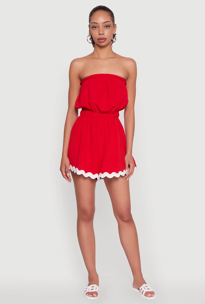 Womens Chic Scalloped Contrast Trim Strapless Romper, Red,