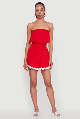 Womens Chic Scalloped Contrast Trim Strapless Romper, Red,