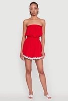 Womens Chic Scalloped Contrast Trim Strapless Romper, Red,