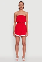 Womens Chic Scalloped Contrast Trim Strapless Romper, Red,