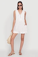 Womens Chic Gauze Knit Tie Front Sleeveless Romper, White, Size S