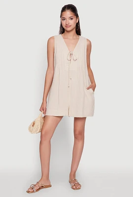 Womens Chic Gauze Knit Tie Front Sleeveless Romper,