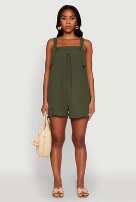 Womens Chic Tie Sleeves Pleated Crepe Knit Romper, Green, Size M