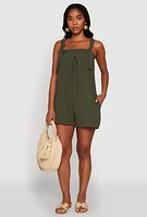 Womens Chic Tie Sleeves Pleated Crepe Knit Romper, Green, Size M