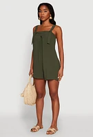 Womens Chic Tie Sleeves Pleated Crepe Knit Romper, Green, Size M