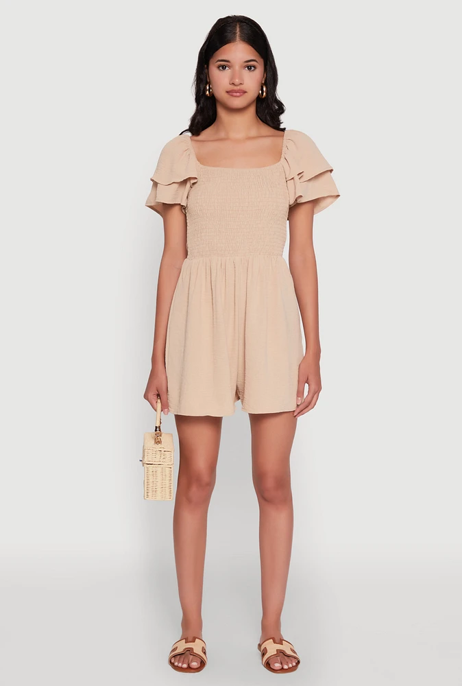 Womens Chic Tiered Ruffle Sleeve Smocked Crepe Knit Romper, Beige, Size XL
