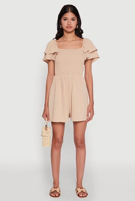 Womens Chic Tiered Ruffle Sleeve Smocked Crepe Knit Romper, Beige, Size XL