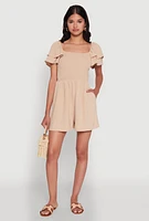 Womens Chic Tiered Ruffle Sleeve Smocked Crepe Knit Romper, Beige, Size XL