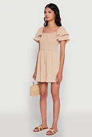 Womens Chic Tiered Ruffle Sleeve Smocked Crepe Knit Romper, Beige, Size XL