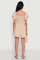Womens Chic Tiered Ruffle Sleeve Smocked Crepe Knit Romper, Beige, Size XL