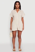 Womens Chic Gauze Knit Button Front Romper with Cap Sleeves,