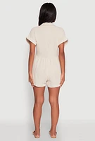 Womens Chic Gauze Knit Button Front Romper with Cap Sleeves,
