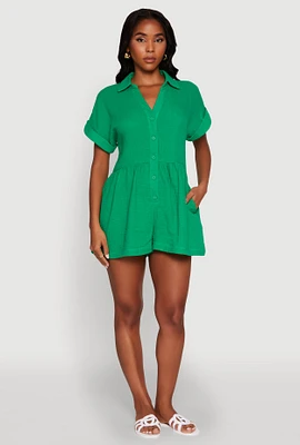 Womens Chic Gauze Knit Button Front Romper with Cap Sleeves, Green,