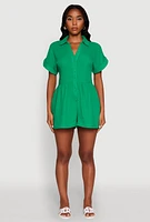 Womens Chic Gauze Knit Button Front Romper with Cap Sleeves, Green,