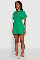 Womens Chic Gauze Knit Button Front Romper with Cap Sleeves, Green,