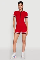 Womens Varsity Stripe Graphic Print Romper, Red, Size XL