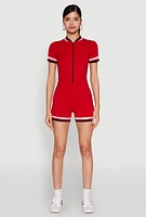 Womens Varsity Stripe Graphic Print Romper, Red, Size XL